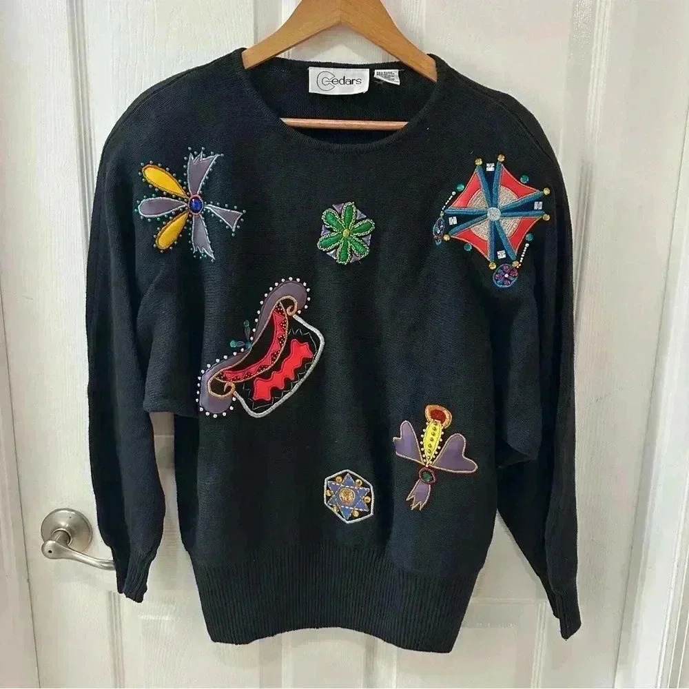 Vintage 80s Cedars Mall Funky Pleather Jeweled Black Sweater Ladies size XL